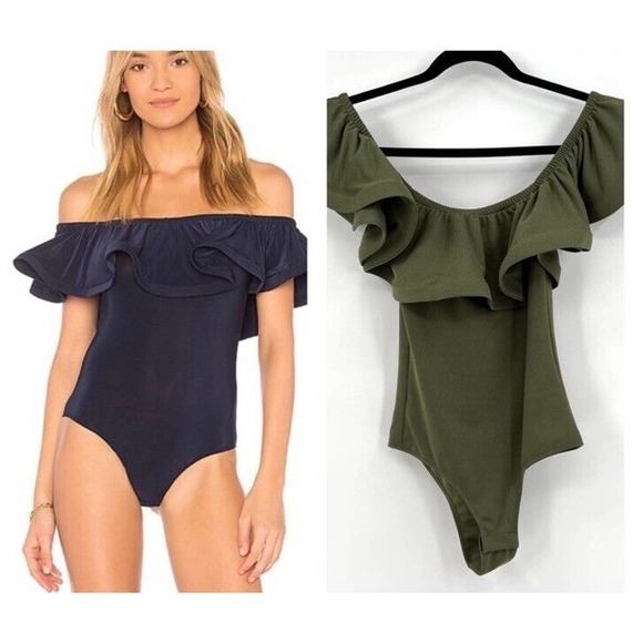 Misa Los Angeles Olive Green Off the Shoulder Ruffle Sleeve Blouse Size XS - Picture 2 of 6